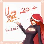  2014 breasts cleavage cleavage_cutout daiana_(terra_battle) hair_over_one_eye horn large_breasts lips long_hair meme_attire merry_christmas naked_sweater open-chest_sweater red_eyes red_hair rexlent ribbed_sweater solo sweater terra_battle turtleneck very_long_hair 