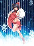  :d ankle_boots black_hair blush boots bow breasts detached_sleeves fur_boots hair_bow hair_ribbon hair_tubes hakurei_reimu highres large_bow large_breasts leg_up long_hair looking_at_viewer midriff miniskirt navel open_mouth parmiria red_eyes red_footwear ribbon sack santa_boots santa_costume skirt smile solo touhou wide_sleeves 