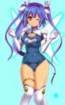  adapted_costume blue_hair highres honda_takaharu i-19_(kantai_collection) kantai_collection long_hair makai_tenshi_djibril one-piece_swimsuit one_eye_closed parody red_eyes school_swimsuit swimsuit thighhighs twintails wings 