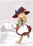  blonde_hair cover cover_page doujin_cover green_scarf hard_translated hasegawa_keita hat kirisame_marisa long_hair looking_at_viewer mittens scarf snow solo touhou walking witch_hat yellow_eyes 