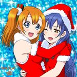  2girls 7001 :d artist_name blue_eyes blue_hair brown_eyes brown_hair dated detached_sleeves hat hug kousaka_honoka long_hair love_live! love_live!_school_idol_project multiple_girls one_eye_closed one_side_up open_mouth santa_hat smile sonoda_umi 