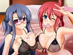  2girls areolae bare_shoulders blue_eyes blue_hair blush bra breast_press breasts condom condom_packet_strip condom_wrapper cum glasses hair_ornament large_breasts long_hair looking_at_viewer mirisha multiple_girls nail_polish nipples one_eye_closed original ponytail purple_eyes red_hair see-through smile underwear wink 