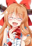  :d ^_^ bespectacled blush bow bowtie closed_eyes e.o. fang glasses hand_on_own_chest happy highres horn_ribbon horns ibuki_suika laughing long_hair open_mouth orange_hair ribbon shirt sleeveless sleeveless_shirt smile solo touhou upper_body wrist_cuffs 