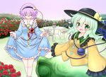  :d blue_flower blue_rose bow chair cup dress flower frilled_dress frilled_sleeves frills green_eyes green_hair hat hat_bow heart komeiji_koishi komeiji_satori mofu_mofu multiple_girls open_mouth pink_hair red_flower red_rose rose shirt short_hair skirt smile table teacup teapot third_eye touhou wide_sleeves 