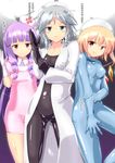  3girls blonde_hair blue_eyes bodysuit dress elbow_gloves flandre_scarlet glove_pull gloves grey_hair izayoi_sakuya latex latex_gloves latex_suit multiple_girls naka nurse patchouli_knowledge purple_eyes purple_hair red_eyes shiny shiny_clothes skin_tight touhou white_gloves 