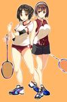  alternate_costume aqua_background badminton_racket brown_eyes brown_hair buruma full_body gym_uniform hairband headband highres kantai_collection looking_at_viewer multiple_girls nagara_(kantai_collection) natori_(kantai_collection) one_side_up orange_background racket sahuyaiya shirt shoes short_hair shorts simple_background sleeveless sleeveless_shirt sneakers sportswear standing stretch sweatband t-shirt tennis_uniform white_hairband 