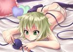  arai_togami bed_sheet black_legwear green_eyes green_hair highres komeiji_koishi lying on_stomach panties short_hair solo thighhighs third_eye topless touhou underwear white_panties 