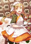  :d asahikawa_hiyori braid brown_eyes brown_hair commentary_request cup gloves headwear long_hair looking_at_viewer low_twintails open_mouth original smile solo teacup teapot twin_braids twintails white_gloves 
