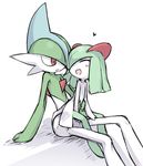  eyes_closed gallade green_hair hear horns kirlia no_humans open_mouth pokemon red_eyes short_hair sitting sitting_in_lap sitting_on_lap sitting_on_person smile utsugi_(skydream) 
