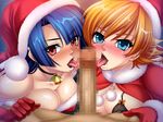  1boy 2girls blonde_hair blue_eyes blue_hair blush breasts censored christmas fellatio igawa_sakura kagami_hirotaka long_hair mosaic_censoring multiple_fellatio multiple_girls oral red_eyes short_hair taimanin_asagi taimanin_asagi_battle_arena teamwork yatsu_murasaki 