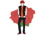  bad_id bad_pixiv_id earrings flower gekkan_shoujo_nozaki-kun hands_in_pockets highres jacket jewelry male_focus mikoshiba_mikoto red_eyes red_hair rose smile solo undershaft 