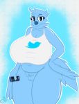  2019 absurd_res anthro avian big_breasts bird breasts clothed clothing cogsfixmore female hi_res phone pussy slightly_chubby solo topless tweetfur twitter 