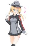  :d blonde_hair blue_eyes eighth_note gloves hat kantai_collection long_hair mokichi812 musical_note open_mouth peaked_cap prinz_eugen_(kantai_collection) simple_background smile solo twintails uniform white_background 