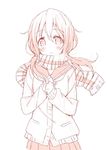  blush cardigan lineart long_hair looking_at_viewer meito_(maze) monochrome original scarf school_uniform simple_background sketch solo white_background 