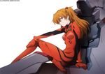  absurdres arm_support artist_name bangs blue_eyes bodysuit bracer breasts cockpit entry_plug feet_out_of_frame from_side gloves hair_between_eyes hair_ornament hand_on_leg hayashi_akemi highres light_smile long_hair looking_at_viewer neon_genesis_evangelion newtype non-web_source number official_art orange_hair pilot_suit plugsuit rebuild_of_evangelion scan shikinami_asuka_langley simple_background sitting small_breasts smile solo souryuu_asuka_langley white_background 