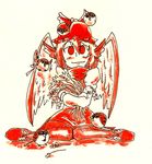  bird bow christmas crossed_arms hat head_wings mittens monochrome mystia_lorelei red setz shoe_bow shoes sitting smile sparrow touhou wariza wings 