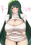  3: blush breasts cleavage_cutout flying_sweatdrops gigantic_breasts green_hair green_hairband hairband highres long_hair looking_at_viewer meme_attire no_pants open-chest_sweater ribbed_sweater solo spoken_blush sweater touhoku_zunko turtleneck vocaloid voiceroid yellow_eyes yuzumiya_mono 