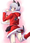  a9b_(louis814) alternate_costume animal_ears black_eyes blush cake cat_ears cat_tail cowboy_shot finger_licking food from_behind fur_trim highres hood leg_up licking pantyhose santa_costume sanya_v_litvyak short_hair silver_hair solo strike_witches tail world_witches_series 