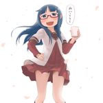  9so_(ponchon) :d backlighting blue_eyes blue_hair cosplay cup denki-gai_no_hon'ya-san funami_yui funami_yui_(cosplay) glasses highres long_hair nanamori_school_uniform open_mouth red-framed_eyewear saliva school_uniform seiyuu_connection sensei_(denki-gai) serafuku smile solo teeth tsuda_minami white_background yuru_yuri 