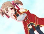  :d arms_behind_back black_legwear breastplate brown_hair detached_sleeves dutch_angle hair_bobbles hair_ornament leaning_forward looking_at_viewer open_mouth red_eyes silica smile solo sword_art_online thighhighs twintails yokoshima_(euphoria) zettai_ryouiki 