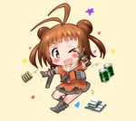  &gt;_o 2_fuel_4_ammo_11_steel ;d \m/ antenna_hair brown_eyes brown_hair double_bun kantai_collection looking_at_viewer naka_(kantai_collection) one_eye_closed open_mouth pleated_skirt school_uniform serafuku short_hair skirt smile solo v-shaped_eyebrows yokoshima_(euphoria) 