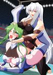  2girls bare_shoulders blush boots breasts fingerless_gloves freia_kagami gloves gold_eyes green_hair leotard long_hair multiple_girls noppo-san open_mouth red_eyes sakurai_chisato saliva shiny shiny_skin silver_hair smile submission_hold sweat thigh_boots thighhighs tongue tongue_out very_long_hair wrestle_angels wrestle_angels_survivor wrestle_angels_survivor_2 wrestling wrestling_outfit wrestling_ring yellow_eyes 