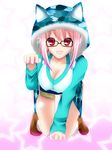  :3 :d animal_hood bespectacled blush breasts cat_hood cleavage glasses headphones hood large_breasts long_hair looking_at_viewer nitroplus open_mouth paw_pose pink_hair pom_pom_(clothes) red_eyes smile solo super_sonico waserin 