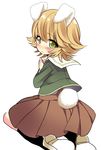  animal_ears bad_id bad_pixiv_id blush brown_hair bunny_ears bunny_tail bunnyboy crossdressing danganronpa danganronpa_1 from_behind fujisaki_chihiro full_body green_eyes looking_at_viewer looking_back male_focus msp_sammy otoko_no_ko school_uniform skirt solo tail wavy_mouth 