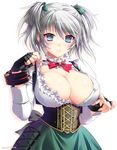  areola_slip areolae artist_name bad_id bad_pixiv_id black_gloves blue_eyes blush breasts bururai ciel_alencon cleavage corset fingerless_gloves gloves god_eater god_eater_2:_rage_burst hair_ribbon large_breasts looking_at_viewer open_clothes open_shirt ribbon shirt short_twintails silver_hair simple_background skirt solo twintails unbuttoned white_background 