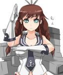  :&lt; ajino_(sakanahen) blue_eyes braid breasts brown_hair cleavage closed_mouth collarbone gloves kantai_collection large_breasts long_hair machinery noshiro_(kantai_collection) school_uniform serafuku simple_background sleeveless solo twin_braids v-shaped_eyebrows white_background white_gloves 