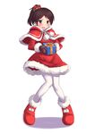  a9b_(louis814) alternate_costume blush brown_eyes brown_hair capelet fur_trim gift highres kantai_collection open_mouth pantyhose ponytail red_capelet santa_costume shikinami_(kantai_collection) short_hair simple_background solo white_background white_legwear 