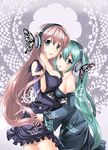  aqua_eyes aqua_hair bare_shoulders blue_eyes breast_press breasts bug butterfly butterfly_wings cleavage dress hatsune_miku headphones highres insect long_hair magnet_(vocaloid) medium_breasts megurine_luka miyuki_rei multiple_girls open_mouth pink_hair twintails vocaloid wings yuri 