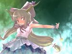  chain grin horns ibuki_suika long_hair outstretched_arms ribbon smile solo spread_arms suisa touhou 