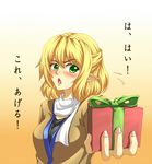  blonde_hair blush gift green_eyes half_updo holding holding_gift incoming_gift mizuhashi_parsee pointy_ears scarf seven_star short_hair solo touhou translated 