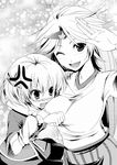  angry arm_around_neck arm_warmers blush greyscale hands horn hoshiguma_yuugi long_hair mizuhashi_parsee monochrome multiple_girls nigo_(aozoragarou) one_eye_closed salute short_hair touhou 