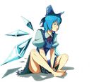  barefoot blue_hair bow cirno feet full_body hair_bow sitting solo sousou_(sousouworks) touhou upskirt wings 