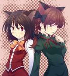  animal_ears bow bowtie braid brown_hair cat_ears checkered chen extra_ears finger_to_mouth hair_ribbon hiroya_juuren kaenbyou_rin multiple_girls naughty_face no_hat no_headwear red_eyes red_hair ribbon short_hair smile touhou twin_braids twintails 