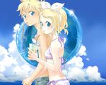  1girl bad_id bad_pixiv_id bikini blonde_hair blue_eyes brother_and_sister cloud day drink drinking_straw hair_ribbon hands holding_hands innertube kagamine_len kagamine_rin ribbon siblings string_bikini swimsuit tan twins utako vocaloid 