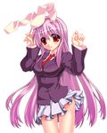  animal_ears arms_up bad_id bad_pixiv_id bunny_ears colorized long_hair mitsuki_michitaka necktie red_eyes reisen_udongein_inaba simple_background skirt skirt_flip solo touhou vi_(ena0930) 