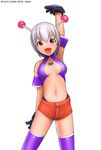  albino antennae black_gloves gloves grey_hair looking_at_viewer open_mouth original purple_legwear red_eyes ryu_(ryu's_former_site) shiny shiny_clothes short_shorts shorts simple_background solo thighhighs 