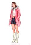  artist_name boots brown_eyes brown_hair coat earmuffs full_body hands_in_pockets headphones high_heels midriff open_clothes open_coat original pink_coat ryu_(ryu's_former_site) shoes shorts simple_background solo standing white_background white_footwear 