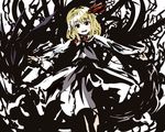  blonde_hair darkness fangs hair_ribbon monochrome outstretched_arms red_eyes ribbon rumia smile solo spot_color spread_arms suisa touhou 