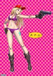  acronym aiming bikini blonde_hair blue_eyes boots brown_footwear checkered checkered_background fringe_trim full_body gloves gun hand_on_hip handgun hat holding holding_gun holding_weapon leg_tattoo legs lips long_hair navel original outstretched_arm pink_background pistol ryu_(ryu's_former_site) solo star_tattoo swimsuit tattoo weapon 