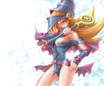  bare_shoulders blonde_hair blue_eyes blue_leotard dark_magician_girl duel_monster hat helm helmet hisigata leotard long_hair solo wand wizard_hat yuu-gi-ou yuu-gi-ou_duel_monsters 