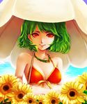  awa_toka bikini bikini_top day face flower flower_necklace green_hair jewelry kazami_yuuka necklace parasol plaid plaid_bikini red_eyes short_hair smile solo sunflower swimsuit touhou umbrella upper_body 