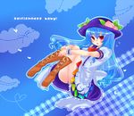  bad_id bad_pixiv_id blue_hair boots hat hinanawi_tenshi leg_hug long_hair red_eyes solo takamura touhou wrist_cuffs 