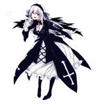  boots breasts cleavage dress frills hairband kirisato_itsuki knee_boots long_hair medium_breasts red_eyes rozen_maiden silver_hair solo suigintou wings 