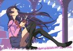  bakemonogatari blush highres long_hair monogatari_(series) official_art purple_hair school_uniform scissors senjougahara_hitagi solo thighhighs watanabe_akio zettai_ryouiki 