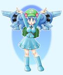  backpack bag blue_eyes blue_hair breasts hair_bobbles hair_ornament hat impossible_clothes impossible_shirt kawashiro_nitori key large_breasts navel nushin_(nishin-dou) shirt short_hair solo touhou twintails two_side_up 
