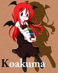  bat_wings bespectacled book book_stack character_name glasses head_wings karaagetarou koakuma long_hair necktie open_mouth pantyhose red_hair shadow solo touhou wings 